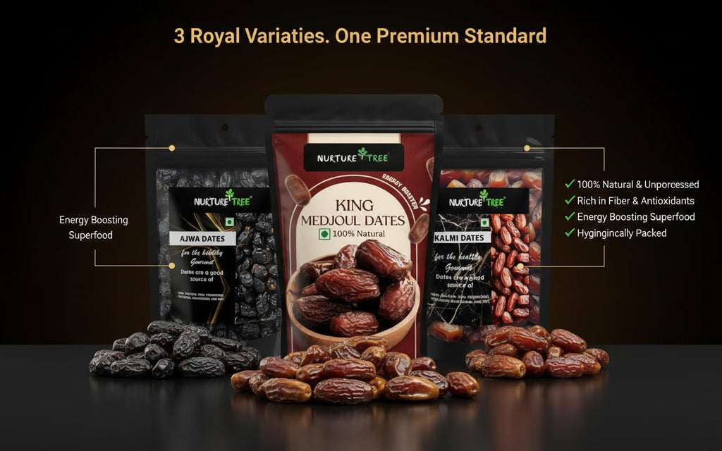 Nurture Tree Premium Dates Combo Pack – King Medjoul, Ajwa & Kalmi Dates | Ramadan Special | 100% Natural Soft & Fresh Khajoor | No Added Sugar | Healthy Dry Fruit Snack (Pack of 3 100gm)