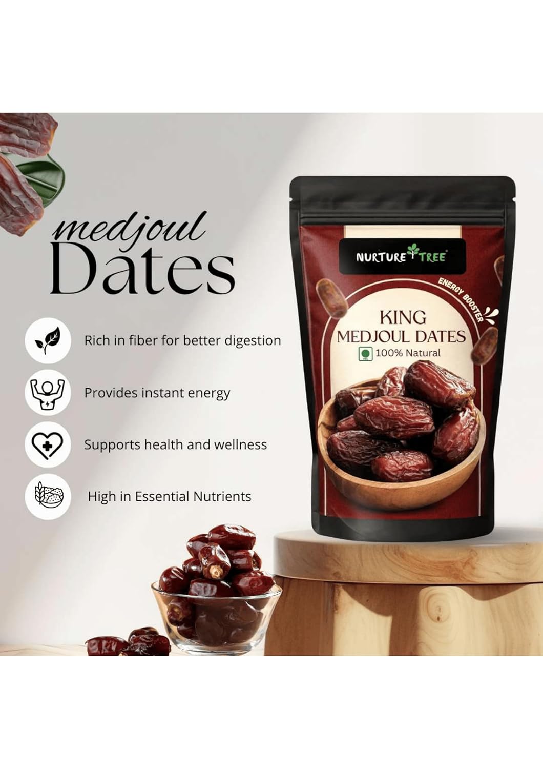 Nurture Tree Premium King Medjoul Dates 200g | Soft & Chewy Khajoor Dry Fruit | Naturally Sweet Caramel Taste | Healthy Snack for Weight Management | Zero Trans Fat