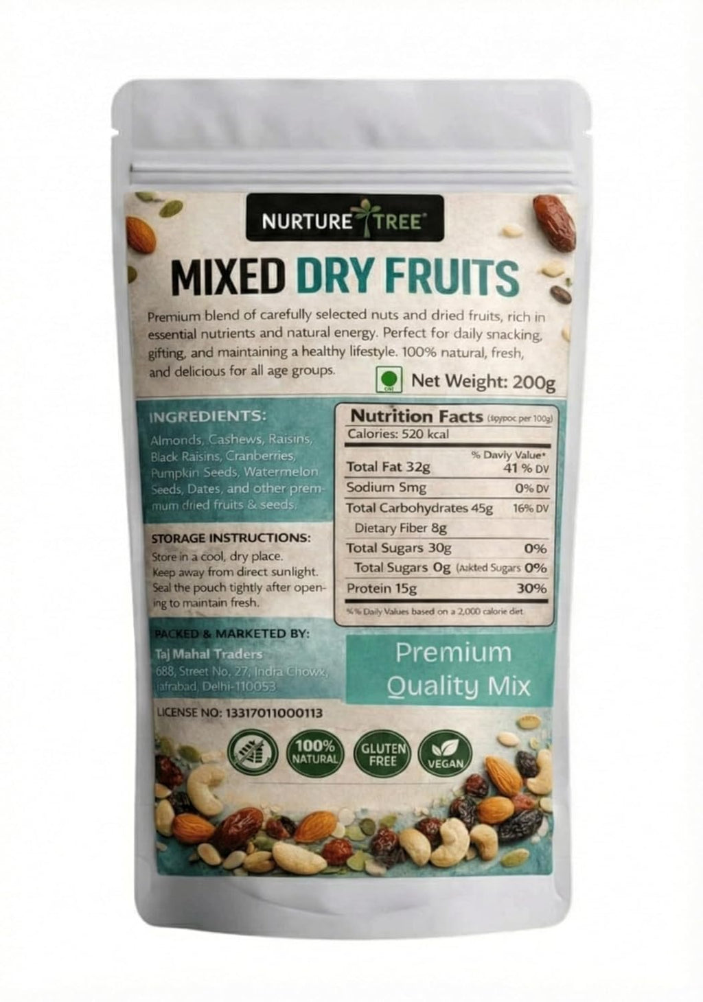 Nurture Tree Mixed Dry Fruits – 11 Superfoods in 1 Nut Mix with Seeds 200g - Strawberry, Goji Berry, Blueberry, Munakka Raisins, Almonds, Cashews, Cranberries, Watermelon Seeds, Pumpkin, Flax & Sunflower