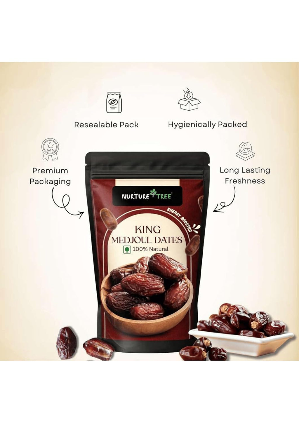 Nurture Tree Premium King Medjoul Dates 200g | Soft & Chewy Khajoor Dry Fruit | Naturally Sweet Caramel Taste | Healthy Snack for Weight Management | Zero Trans Fat