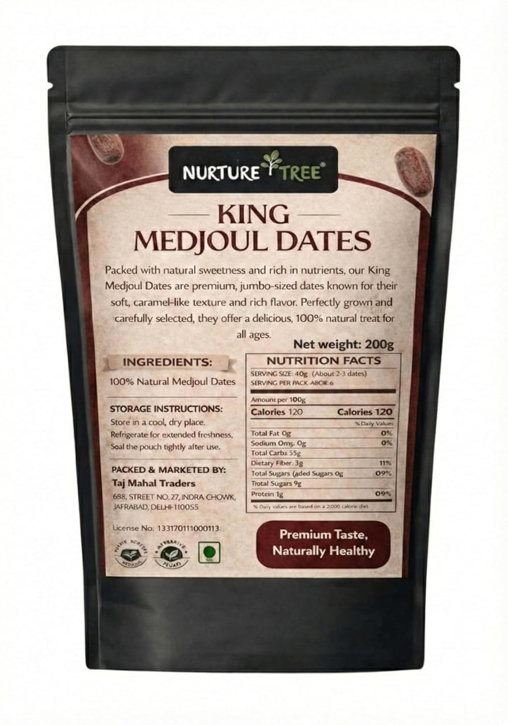 Nurture Tree Premium King Medjoul Dates 200g | Soft & Chewy Khajoor Dry Fruit | Naturally Sweet Caramel Taste | Healthy Snack for Weight Management | Zero Trans Fat