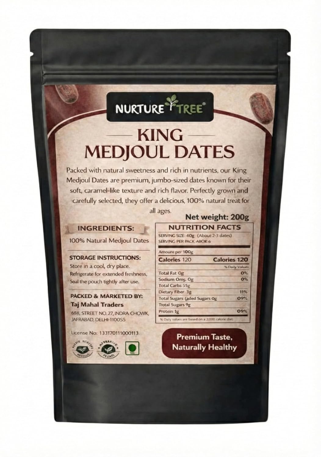 Nurture Tree Premium King Medjoul Dates 200g | Soft & Chewy Khajoor Dry Fruit | Naturally Sweet Caramel Taste | Healthy Snack for Weight Management | Zero Trans Fat