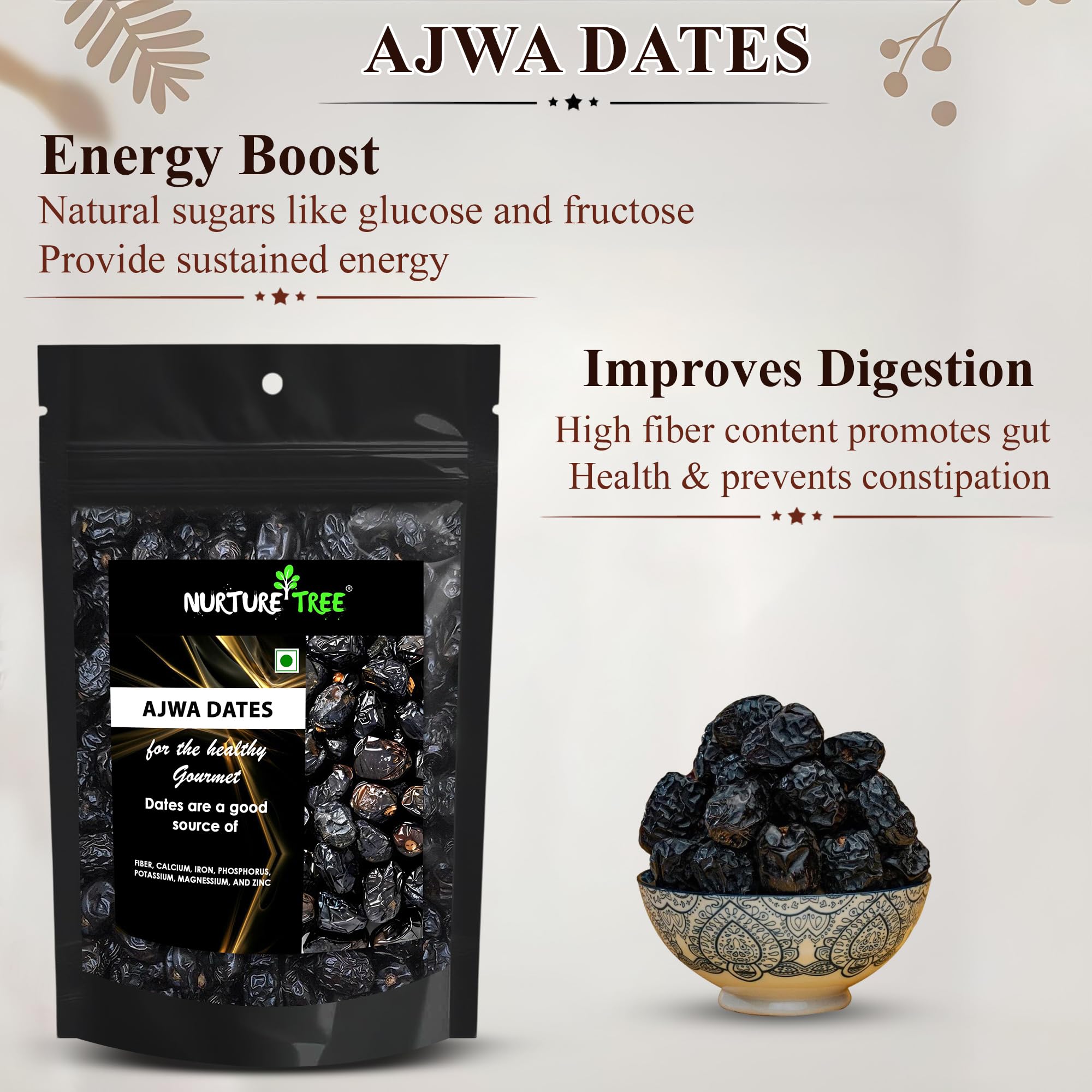 Nurture Tree Premium Saudi Ajwa Dates | Soft & Delicious Arabian Dates - Nurture Tree